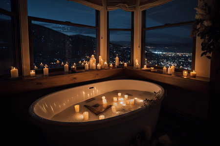 soaking tub surrounded by candles, with view of the stars visible in the night sky, created with generative aiの素材