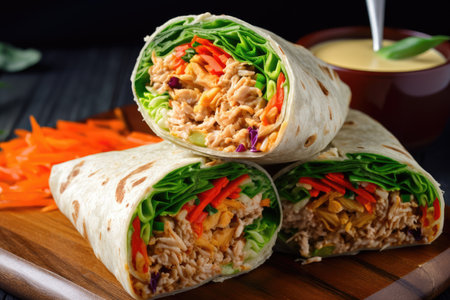 tuna salad wrap with crunchy veggies and spicy sauce, created with generative aiの素材