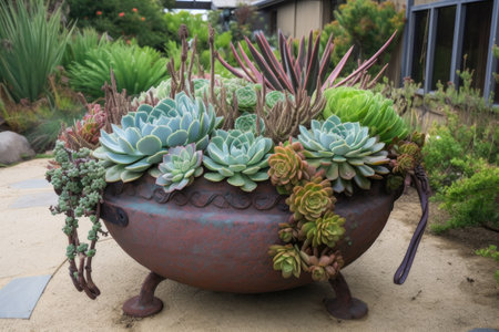container garden with succulent and drought-tolerant plants, created with generative aiの素材