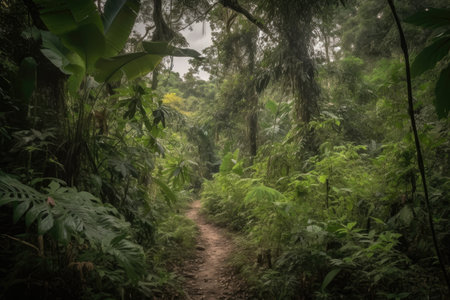 jungle trail winding its way through dense foliage, with glimpses of the sky above, created with generative aiの素材