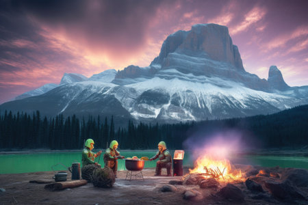 group of aliens cooking over campfire, while enjoying the view of a majestic mountain range, created with generative aiの素材