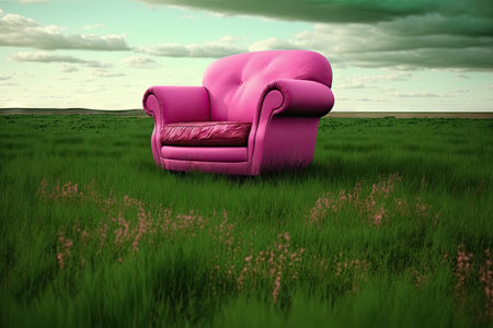 a pink armchair in the middle of a green field, created with generative aiの素材