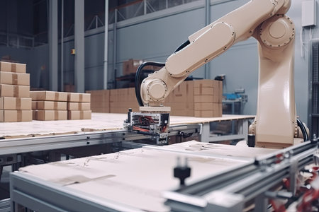 packaging and sorting robot, working tirelessly in busy warehouse, packaging goods to be shipped, created with generative aiの素材