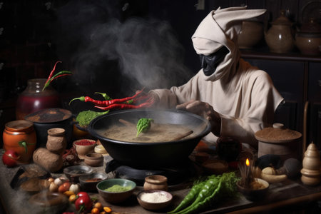 alien chef stirring hotpot of earthly ingredients and spices, created with generative aiの素材