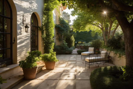 sun-drenched patio surrounded by lush greenery in mediterranean house exterior, created with generative aiの素材