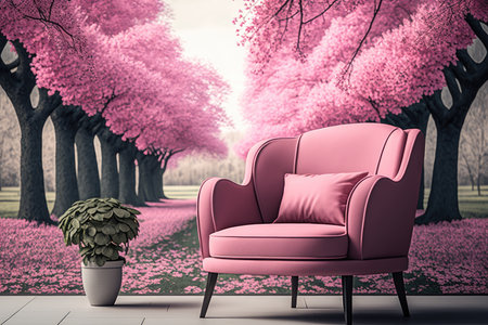 pink armchair surrounded by blooming cherry blossom trees in full bloom, created with generative aiの素材