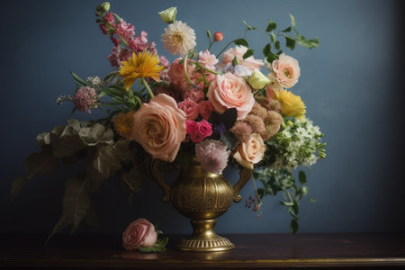 bouquet of pastel flowers in gold vase, created with generative aiの素材