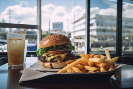 classic burger and fries, with view of bustling city street or busy airport, created with generative aiの素材