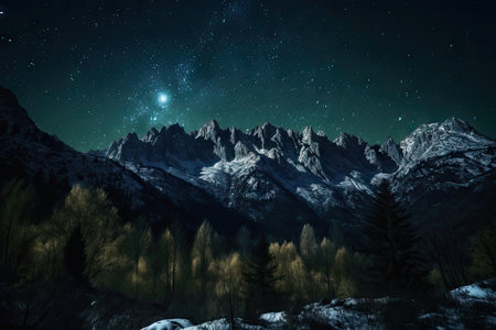 majestic mountain range under moonlit sky, with stars shimmering in the night sky, created with generative aiの素材