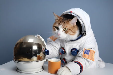 feline astronaut sipping cup of space tea while canine companion floats nearby, created with generative aiの素材
