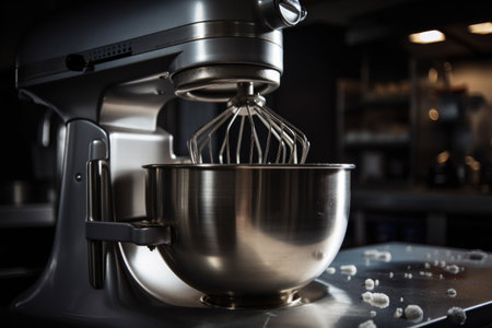 close-up of commercial mixer and processor, with mixing paddle in motion, created with generative aiの素材