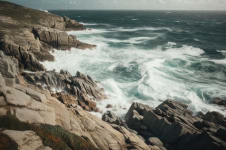 clifftop view of crashing waves and rocky shoreline, created with generative aiの素材