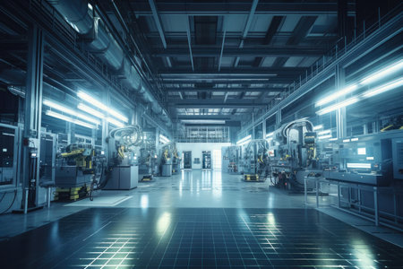 a futuristic factory floor, with robots and automated systems producing high-tech products, created with generative aiの素材
