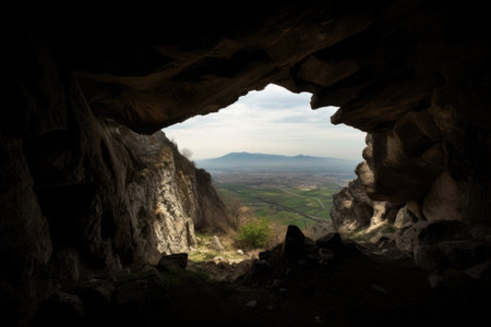 cave in mountain, with view of the horizon and distant mountains, created with generative aiの素材