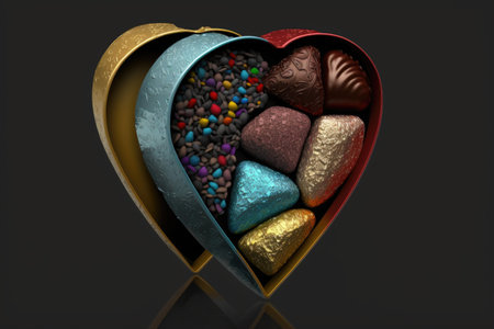 heart-shaped box of assorted truffles in different flavors and colors, created with generative aiの素材