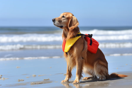 dog with lifeguard vest and whistle on beach patrol, created with generative aiの素材