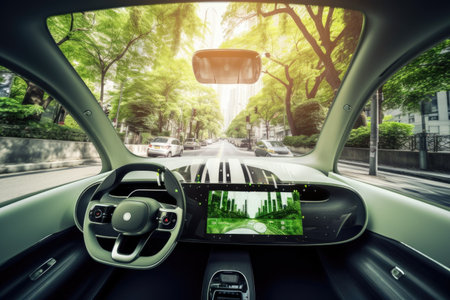 smart car, with augmented reality view of the road and surrounding environment, driving through virtual city, created with generative aiの素材