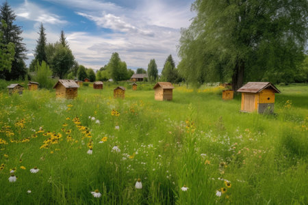 peaceful meadow filled with the sounds of nature, including chirping birds and buzzing bees, created with generative aiの素材