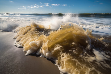 chemical waste spill in the ocean, with waves and foam visible, created with generative aiの素材