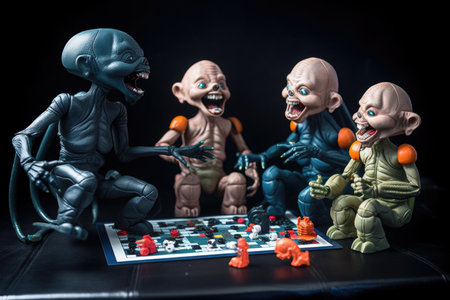 group of aliens playing a board game and laughing together, created with generative aiの素材