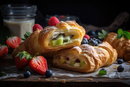 flaky puff pastry twist, filled with custard and fruit, created with generative aiの素材