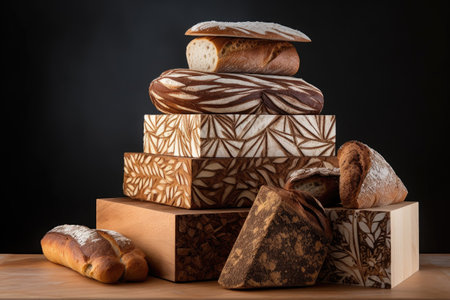 stack of artisan breads, each slice with unique design and shape, created with generative aiの素材
