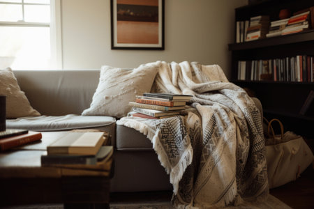 cozy living room with cozy throw blanket, books, and games for homeschooling fun, created with generative aiの素材