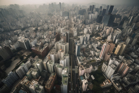 aerial shot of a bustling city, with skyscrapers and busy streets visible, created with generative aiの素材