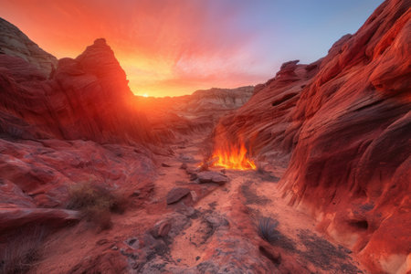 ethereal sunrise, illuminating fiery canyon landscape, created with generative aiの素材