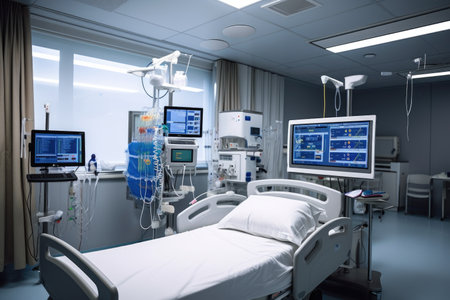 a hospital room, with advanced monitoring and diagnostic equipment, providing high-tech care, created with generative aiの素材