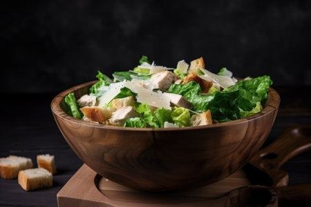 chicken caesar salad served in rustic wooden bowl with fresh greens, croutons and parmesan cheese, created with generative aiの素材
