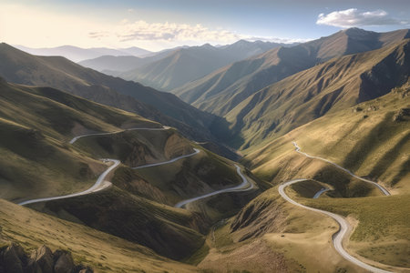 majestic mountain view, with a winding road through the valley, created with generative aiの素材