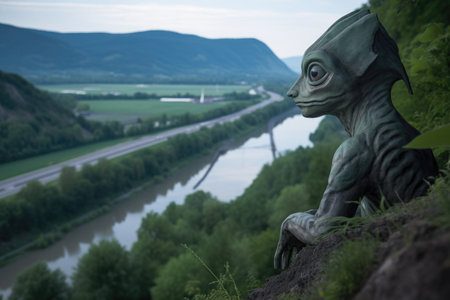 close-up of alien creature observing scenic river valley, created with generative aiの素材