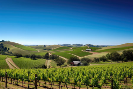 vineyard surrounded by rolling hills and clear blue sky, created with generative aiの素材
