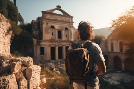 adventure traveler exploring historic ruins with backpack and camera, created with generative aiの素材