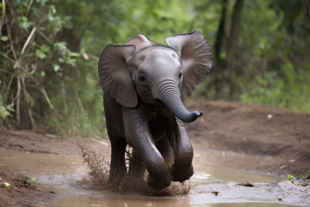 baby elephant running and playing in the wild, created with generative aiの素材