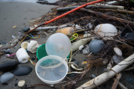 close-up of beach trash, including broken glass and discarded fishing gear, created with generative aiの素材