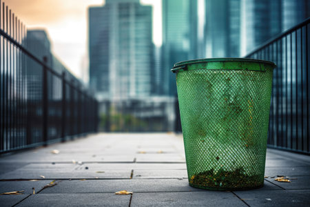 abstract image of a green recycling bin against an urban background, created with generative aiの素材