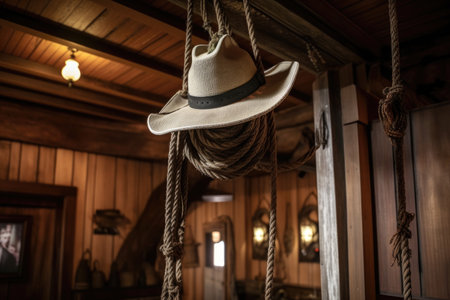 a cowboy hat with a rope attached, hanging from the ceiling of a saloon, created with generative aiの素材