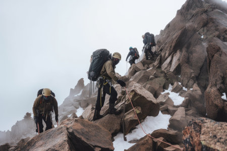 climbing expedition on rocky mountain face, with climbers in full gear and ropes, created with generative aiの素材