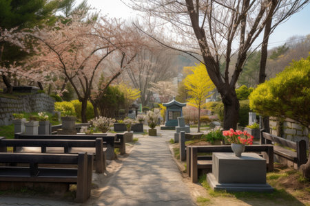 quaint cemetery with blooming gardens and wooden benches, a peaceful place of reflection, created with generative aiの素材