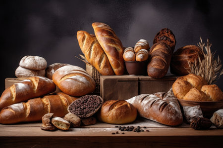 lineup of freshly baked breads, with different types and shapes for variety, created with generative aiの素材