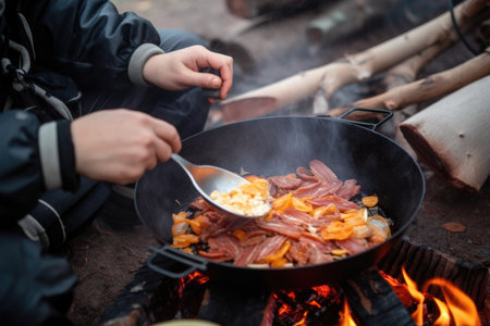 person, cooking breakfast of pancakes and bacon over campfire, created with generative aiの素材