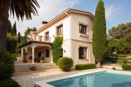 mediteranean house exterior with garden and swimming pool, created with generative aiの素材