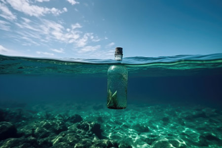 clean green, eco and sustainable water with a bottle for recycling in an ocean, created with generative aiの素材