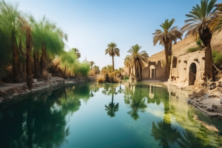oasis surrounded by ruins of ancient civilization, with palm trees and clear water, created with generative aiの素材