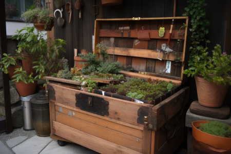 old wooden with hidden grow box inside, filled with plants and accessories, created with generative aiの素材