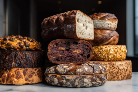 stack of freshly baked breads, with each layer showing off a different design and texture, created with generative aiの素材