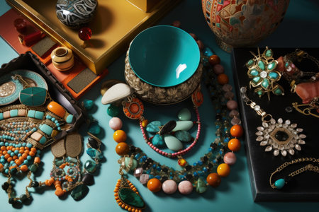 a selection of colorful, statement-making accessories and jewelry, created with generative aiの素材