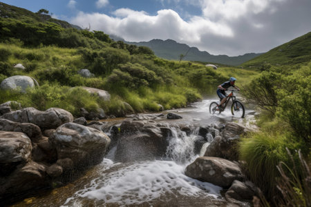 mountain biker riding past rushing stream, with view of the valley beyond, created with generative aiの素材